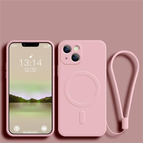 ADKOT Custodia di ricarica wireless magnetica in silicone per iPhone 14 13 12 Mini 11 Pro Max X XR XS 7 8 Plus Cover con cordino, rosa, per iPhone 13