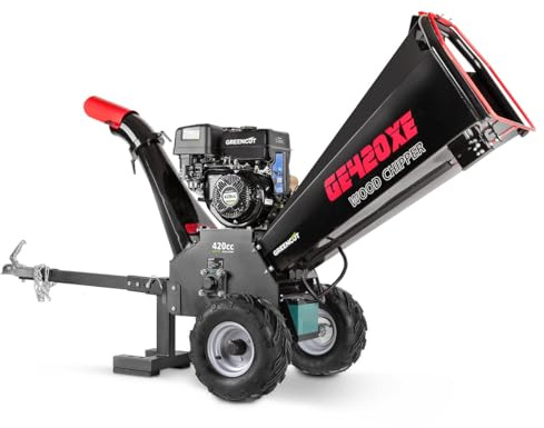 GREENCUT GE420XE - Biotrituradora - Potente motor de gasolina de 15 CV y 420cc, Diámetro corte de hasta 120mm, Arranque eléctrico, Cuchillas reversibles dobles, Tolva gran tamaño, Enganche transporte