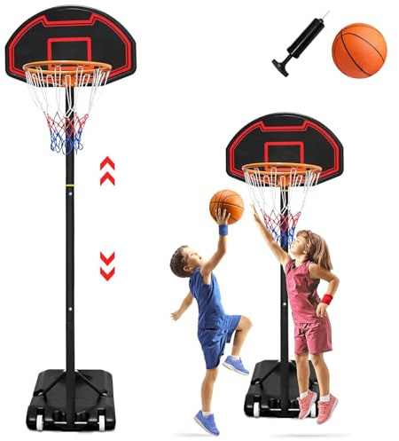 YARDIN Basketballkorb Indoor Outdoor Kinder mit Rollen, Basketball und Aufblasbare Pumpe Basketball Korb Höhenverstellbar Basketballständer Tragbar Basketballanlage Standfuß mit Wasser oder Sand