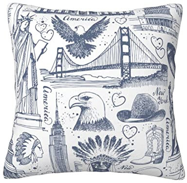 Dekokissen Usa-Symbole Skizzieren Amerika Weiß Zierkissenhülle Retro Kissen-Bezug Outdoor Kopfkissenbezug 45X45cm Für Zuhause, Frühling, Auto