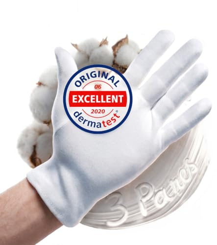 Bomullshandskar av 100 % bomull (matest: mycket bra), vita handskar, mjuka textilhandskar för handmasker, tyghandskar med certifierad hudkompatibilitet, 3-pack | Mjuka tyghandskar för handmasker med certifierad hudkompatibilitet, textilhandskar, dermatest: Mycket bra
