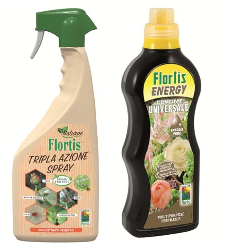 Flortis Kit Benessere con concime crescita miracolosa universale piante Energy Universale 1200g e insetticida piante, fungicida sistemico, acaricida 1000ml. Fertilizzante piante liquido e protezione.