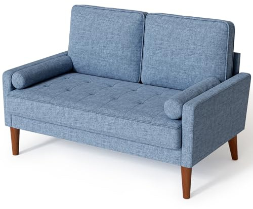 Vesgantti Sofa 2-Sitzer, 121CM Modernes Couch 2 Sitzer mit 2 Wurfkissen, Kleine Stoffcouch mit Armlehne, Knöpfe Sitzkissen Gästesofa für Wohnzimmer/Wohnung/Büro, Blau