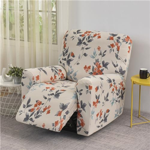 Fansu Funda de Sillón Relax, Elegante Floral Elasticidad para Sillón Relax Funda Reclinable con Bolsillos Laterales, 1 Plaza/4 Piezas Extraíbles y Lavables Fundas Protector (Beige)