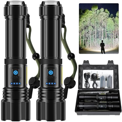 cinlinso Taschenlampe Led Aufladbar, 1000000 Lumen Extrem Hell LED Taktische Taschenlampe, 7 Lichtmodi, IPX7 Wasserdicht, Lange Akkulaufzeit für Camping, Wandern, Outdoor und Notfäll - 2 Stück
