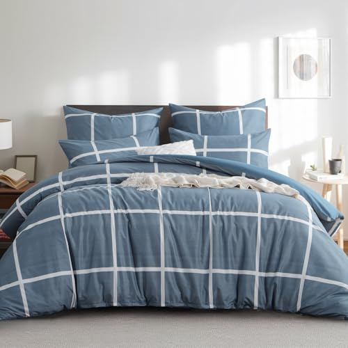 RUIKASI Double Duvet Cover Sets - Checkred Double Bedding Set Soft Microfiber Quilt Cover with 2 Pillowcases, Denim Blue 200x200 cm