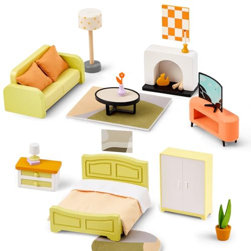 Giant bean Age 3+ 27pcs Green Wooden Plastic Dollhouse Furniture, Modern Living Room Bedroom Set, Dollhouse Accessories Pretend Play Furniture Toys for Boys Girls Kids & Toddlers 3+