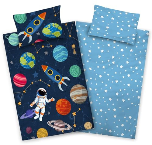 Aminata kids rymd sängkläder barn 100 x 135 cm 40 x 60 cm – barnsängkläder rymdsmotiv – pojkar raket bomull dragkedja blå