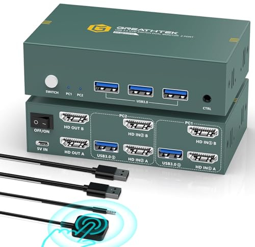 8K60Hz HDMI USB 3.0 KVM Switch 2 PC 2 Monitore, 4K144Hz KVM-Switches, 2 PC 2 Monitor Switch mit 2 usb-Kabeln zum Teilen von Tastatur, Maus, Drucker und zur Unterstützung von bis zu 3 USB-Geräten