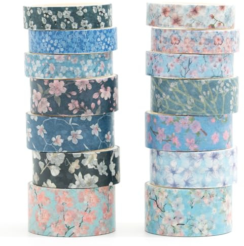 Songdao 14 Rollos Sakura Washi Tape Set cinta adhesiva decorativa Flor Washi Glitter Adhesivo de Cinta Decorativa para DIY Crafts Scrapbooking (flor de medianoche)