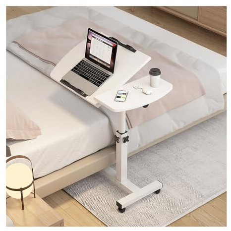 KMUD Table De Lit Medicale a Roulette Inclinable, Table Roulante pour Lit Canapé, Bureau for Ordinateur Portable avec Plateau Inclinable, Bureau Debout Roulant for Ordinateur Portable(Bianco)