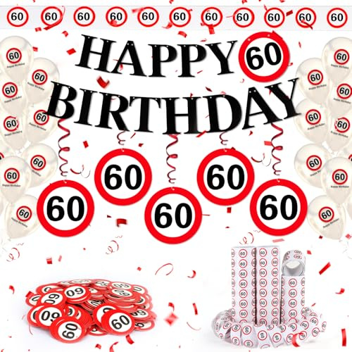 WenmthG 60 Geburtstag Deko Männer Frauen Verkehrszeichen 60 Geburtstagsdeko | 60. Geburtstag Deko mit Girlande, Luftballons, Luftschlangen, Banner, Konfetti - Verkehrsschild zum 60 Jahre