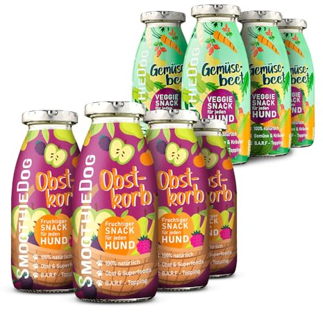 Hunde Smoothie SmoothieDog 8er Mix - je 4X: Gemüsebeet (vegetarisch), Obstkorb (vegetarisch) - Flüssiges Hundeleckerli - Zucker- & glutenfrei - je 250ml