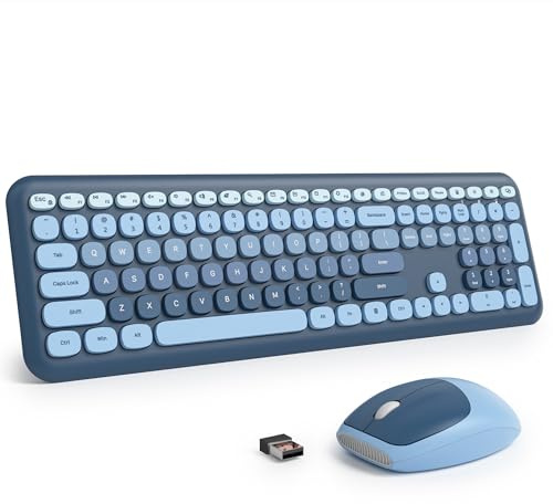 SbocKeeb Teclado y Raton Inalámbrico Combo, Americano QWERTY, Vistosa Teclado Retro Máquina de Escribir de Teclas Redondas,ratón silencioso (Ocean Blue)