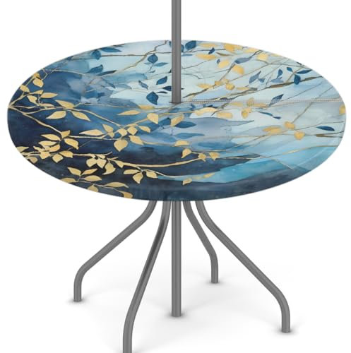 Woltant Nappe ronde avec trou de parasol et fermeture éclair facile à nettoyer avec bords élastiques pour jardin, terrasse, barbecue (feuilles d'arbre)