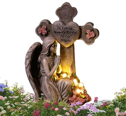 Statua di angelo, statuette di angelo per giardino con luce solare, decorazioni commemorative per cimitero per tomba, cortile, patio, prato, esterno cortile