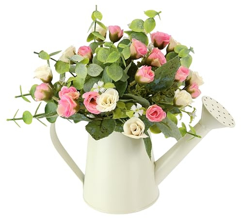 Künstliche Rosen in Gießkanne 20 cm Wildröschen Kunstblume Kunstrosen Wildrosen Kunstpflanze Blumen Grabschmuck Seidenblume Hochzeitsdeko Blumenstrauß Tischdeko Blumendeko Deko Dekoblume Eukalyptus