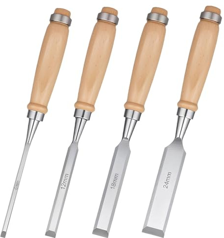 Riceel 4TLG.Holz Tischler Werkzeug, Stechbeitel Set für Holz 6 8 12 24mm Scharfes Stecheisen Set 22cm Meißel Set mit scharfer Schrägkante & hochschlagfestem Baumholzgriff