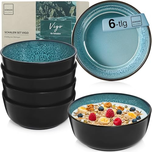 SÄNGER Vigo Steingut Müslischalen Bowl Schüssel 6 teilig, Schüssel | Set 6 Personen, Schale spülmaschinen- mikrowellen- kratzfest, Schüsseln blau mit schwarzem Rand 550 ml