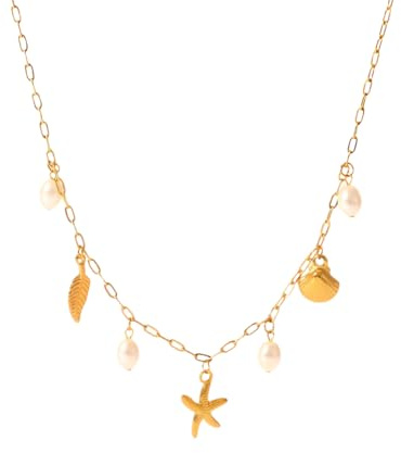 YUZNA Collana Charm per donna, 1 pezzo, Perle, Stella Marina, Conchiglia, 14k Oro, Gioielli da Spiaggia Estivi, Accessori Moda, Regalo, Boho Perla Conchiglia Ciondolo, Collier