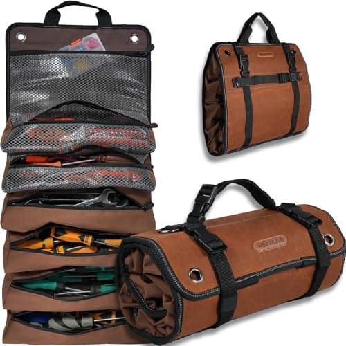 WELKINLAND Heavy-Duty Waxed Canvas Tool Roll, 7-Pocket 15L Tool Bag Roll | WaterProof Canvas Tool Roll, Large Roll Up Tool Bag, Quick-Access Tool Roll Bag, Easy-Organized Roll Up Tool Bag Organizer