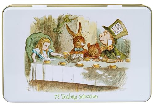 New English Teas Alice in Wonderland Tea Tin – 72 Teabag Selection with English Breakfast, Earl Grey & Afternoon Tea – Collectible Gift Tin with Classic Mad Hatter Artwork