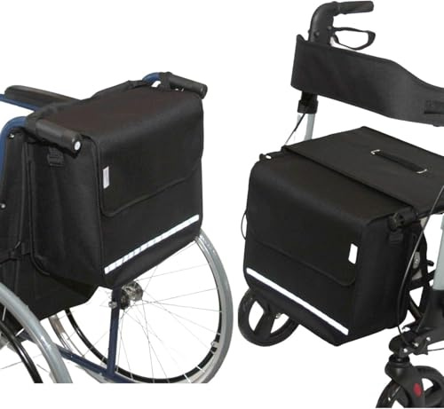 SENIORI Rollator- und Rollstuhltasche – Kompakte Größe mit praktischem Stauraum – mit Reflektor & Befestigungssystem (2. Schwarz, Flex)
