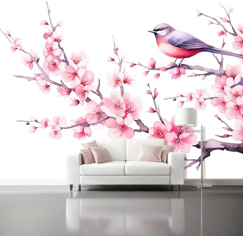 Carta da Parati Non Tessuta - Fiori Fiori Di Ciliegio Uccelli Carta da Parati Fotomurale 200 x 140 cm, Rosa Poster Decorativo Murale di Moda per Camera da Letto Soggiorno Sala da Pranzo