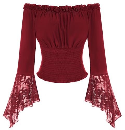 Scarlet Darkness Dam Renaissance Blus Långärmad med Spets Axelbandslös Tops Smockad Midja Överdel, röd, S