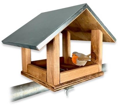 GARTENETAGE Vogelhaus mit Metalldach und Balkonhalterung – wetterfestes Futterhaus aus Kiefernholz für Wildvögel, Meisen, Rotkehlchen & Spatzen – robuste Vogelstation für Balkon & Terrasse