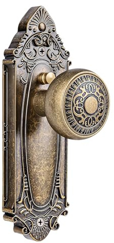 CEYMIO Antique Brass Door Knob Privacy Bedroom Bathroom with Lock, Vintage Interior Door Handle with Plate for Hallway, Closet, Farmhouse Style(1 Pack)
