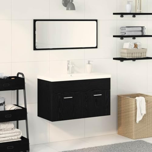 QUAHEAS Meuble sous évier avec porte, aspect chêne noir, 90 x 38,5 x 46 cm, meuble de salle de bain, meuble de salle de bain, meuble de lavabo moderne avec espace de rangement
