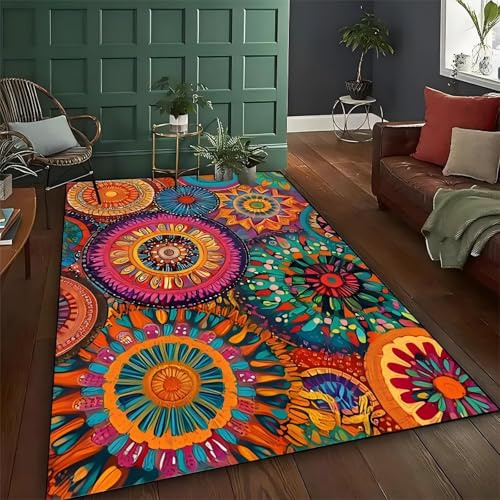 USHIRUG Vintage-Mandala-Teppich, 160x230cm Moderner, Abstrakter, Geometrischer Teppich Bunten Kreisen im Ethno-Stil rutschfest Waschbar Büro Landhausstil Teppiche für Wohnzimmer Arbeitszimmer
