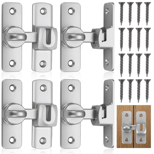4 Pcs Sliding Door Lock with Screws,Aluminum Alloy 90/180 Degree Flip Sliding Door Latch Lock for Barn Bathroom Bedroom Barndoor Outdoor Garage Window Cabinet Drawer (Silver)