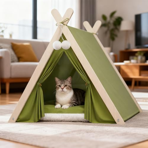 PETCUTE Haustier-Tipi Zelt für Katzen, Kätzchen und kleine Hunde, faltbares Hundezelt mit dreieckigem Holzrahmen und abnehmbarem, waschbarem Kissen, gemütlicher Katzenzelt für Indoor Outdoor,Grün