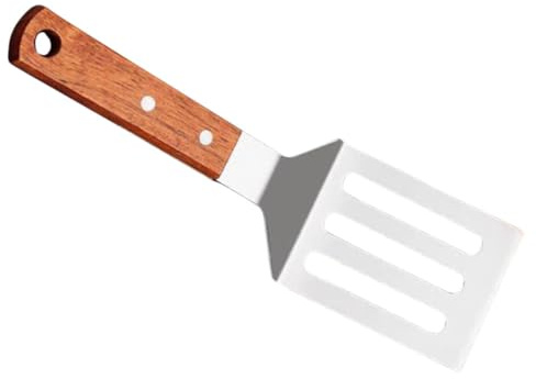 PACKOVE Espátula de Cocina de Acero Inoxidable para Freír y Barbacoa Mango de Madera, Pala Ranurada Multiusos para Filetes y Wok, Herramienta Resistente para Sartenes y Parrillas,