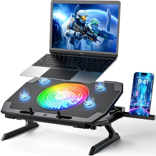 LP-2 - Almohadilla de refrigeración para portátil y soporte para teléfono, soporte ergonómico de doble modo con 7 alturas ajustables, 5 ventiladores RGB silenciosos de alto rendimiento, 2 puertos USB