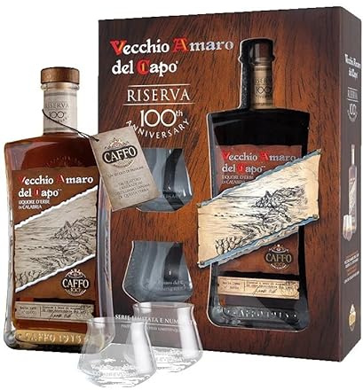 Vecchio Amaro del Capo Riserva del Centenario Caffo, Liquore d'Erbe di Calabria, 700 ml, 37,5% Vol, Edizione Limitata e Numerata, con Due Bicchieri