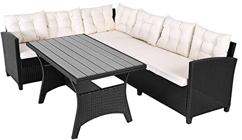Casaria® Polyrattan Ecklounge Set WPC Esstisch Ecksofa inkl. 7cm Sitzauflagen 15cm Kissen Wetterfest Outdoor Lounge Garten Terrasse Balkon Möbel Schwarz
