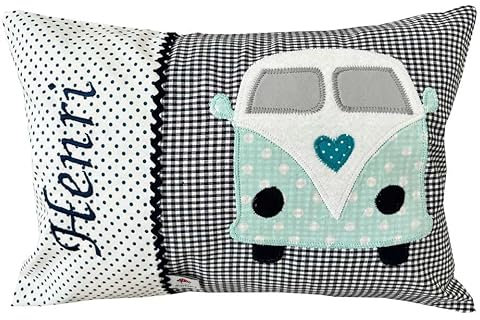 Glückspilz Namenskissen Babykissen I Auto VW Käfer I Kissen mit Namen personalisiert I Geschenk zu Geburt oder Geburtstag I Blau (40 x 60 cm)