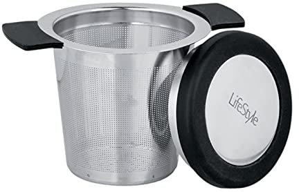 Tradineur - Filtro para infusiones de acero inoxidable con tapa/soporte y asas 7 cm, colador para té suelto, manzanilla, infusor, infusionador de cocina