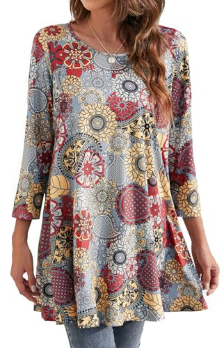 Enmain Womens Tunic Top 3/4 Long Sleeve Tunics for Women UK Plus Size Round Neck Longline Tops for Leggings Ladies Swing T Shirt Casual Loose Stretch Comfortable Blouses Shirts S-5XL