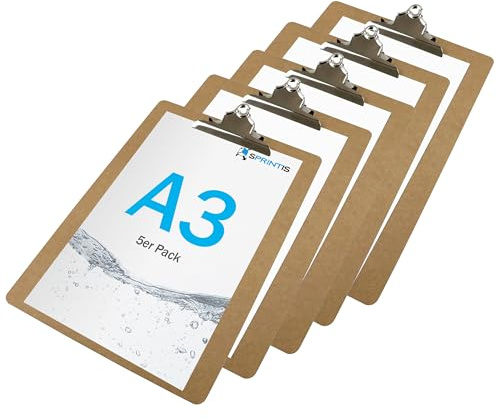 SPRINTIS Klemmbrett aus Holz im 5er Set, Classic - mit großer Retroklammer (DIN A3)