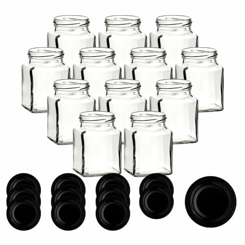 gouveo 12er Set Einmachgläser 314 ml eckig mit Schraub-Deckel schwarz - Kleine Vorratsgläser 0,3 l mit Schraubverschluss TO63 - Leere Gläser zum Einkochen und Aufbewahren