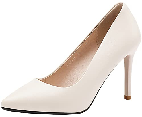 Jamron Mujer Cuero Genuino 9CM Tacones Altos Elegante Puntiagudo Pumps Zapatos de Oficina Beige SN602C015-3 EU38.5