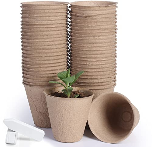 JERIA Paquete de 50 macetas de turba de 3.15 Pulgadas para Plantas con 50 Etiquetas de Plantas, macetas de germinación de jardín, Kits de macetas biodegradables para Principiantes de Semillas