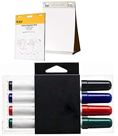 KAV Tabletop Flipchart-Papierblock mit trocken abwischbaren Stiften, selbstklebend, 58,5 x 50 cm, einfarbig, 20 Blatt, mit ungiftigen Markern für weiße Pinnwände, Büro, Schule, Zuhause, 4 Stück