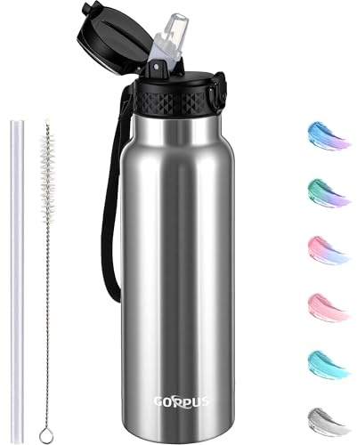 GOPPUS Botella de agua de acero inoxidable de 750 ml con pajilla, botellas aisladas de doble pared con correa, reutilizable, termo al vacío, a prueba de fugas, mantiene las bebidas frías, botellas con