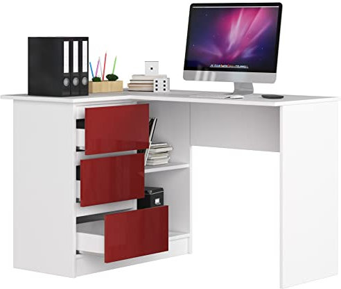 BDW Eckschreibtisch mit 3 Schubladen und 2 Regalen - Oberfläche Glanz - Schreibtisch für Jugendzimmer Büros und Ateliers - Gaming Tisch - 124x85x77 cm - Weiß/Rot Links