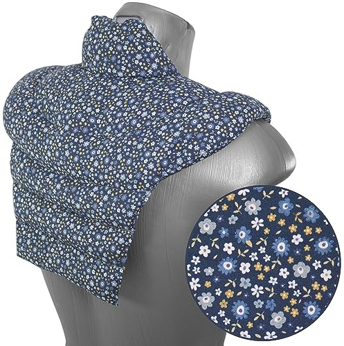 Cervical Neck Pillow, Neck + Shoulders + Back, Organic Fabric Flower Blue – Cherry Stone Pillow – Neck Pillow Heat Cushion – Neck Heat Cushion for Microwave and Oven